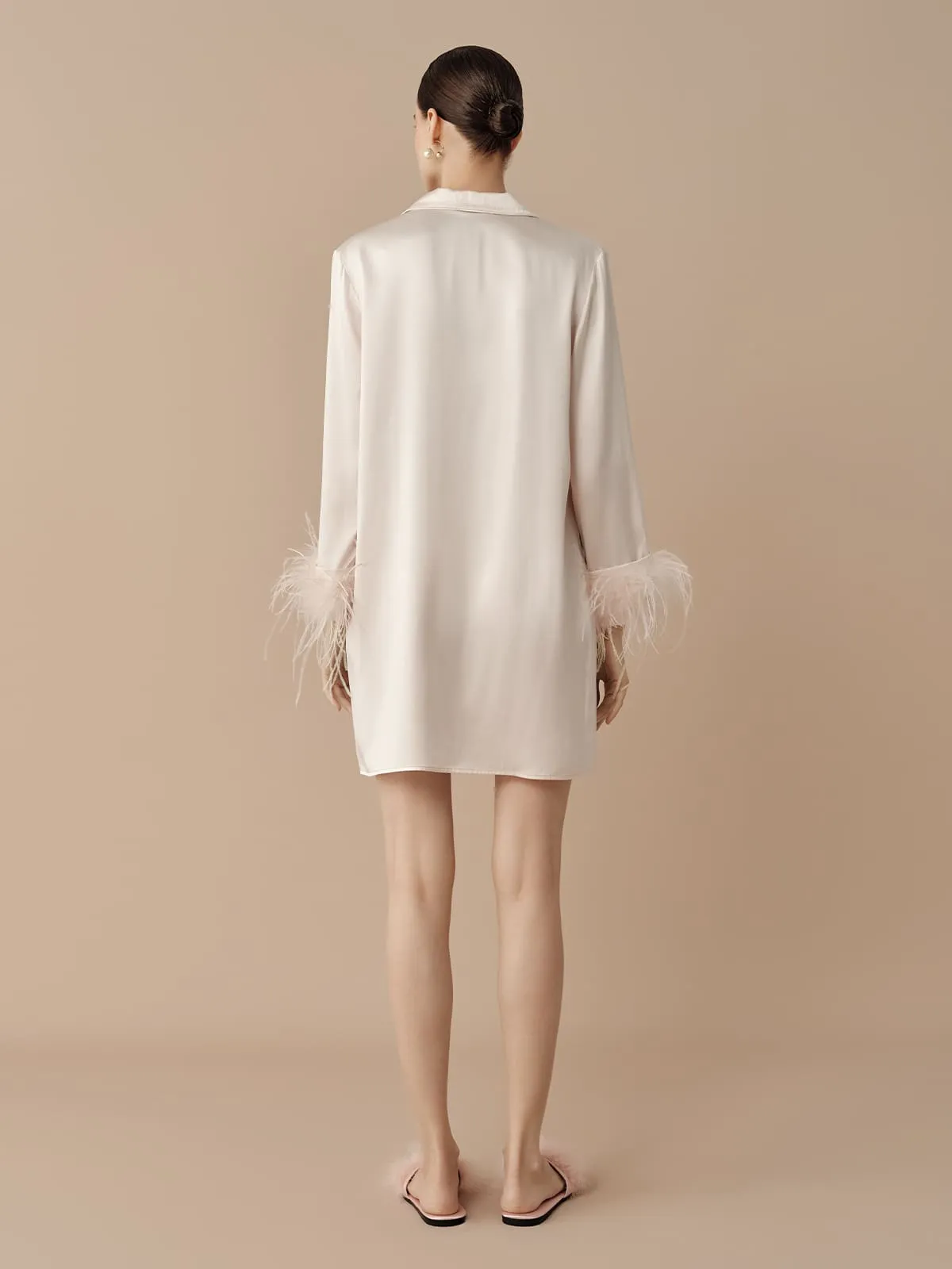 SILKINC Collared Silk Shirt Dress with Feather Trim