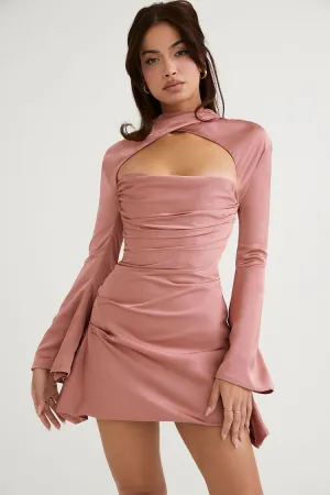 Silky Gathered High Neck Long Sleeve Cutout Party Mini Dress - Pink