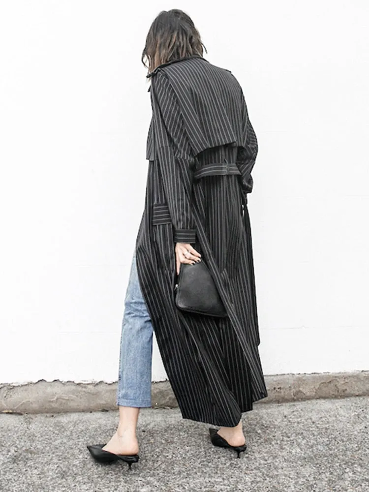 Striped Colorblock Trench Coat For Women Lapel Long Sleeve Lace Up Casual Coats Female Autumn Clothing Fashion