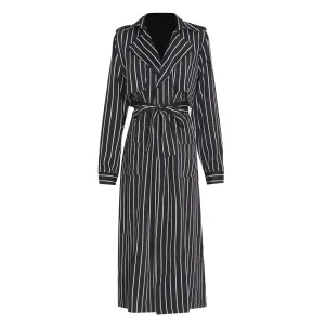 Striped Colorblock Trench Coat For Women Lapel Long Sleeve Lace Up Casual Coats Female Autumn Clothing Fashion