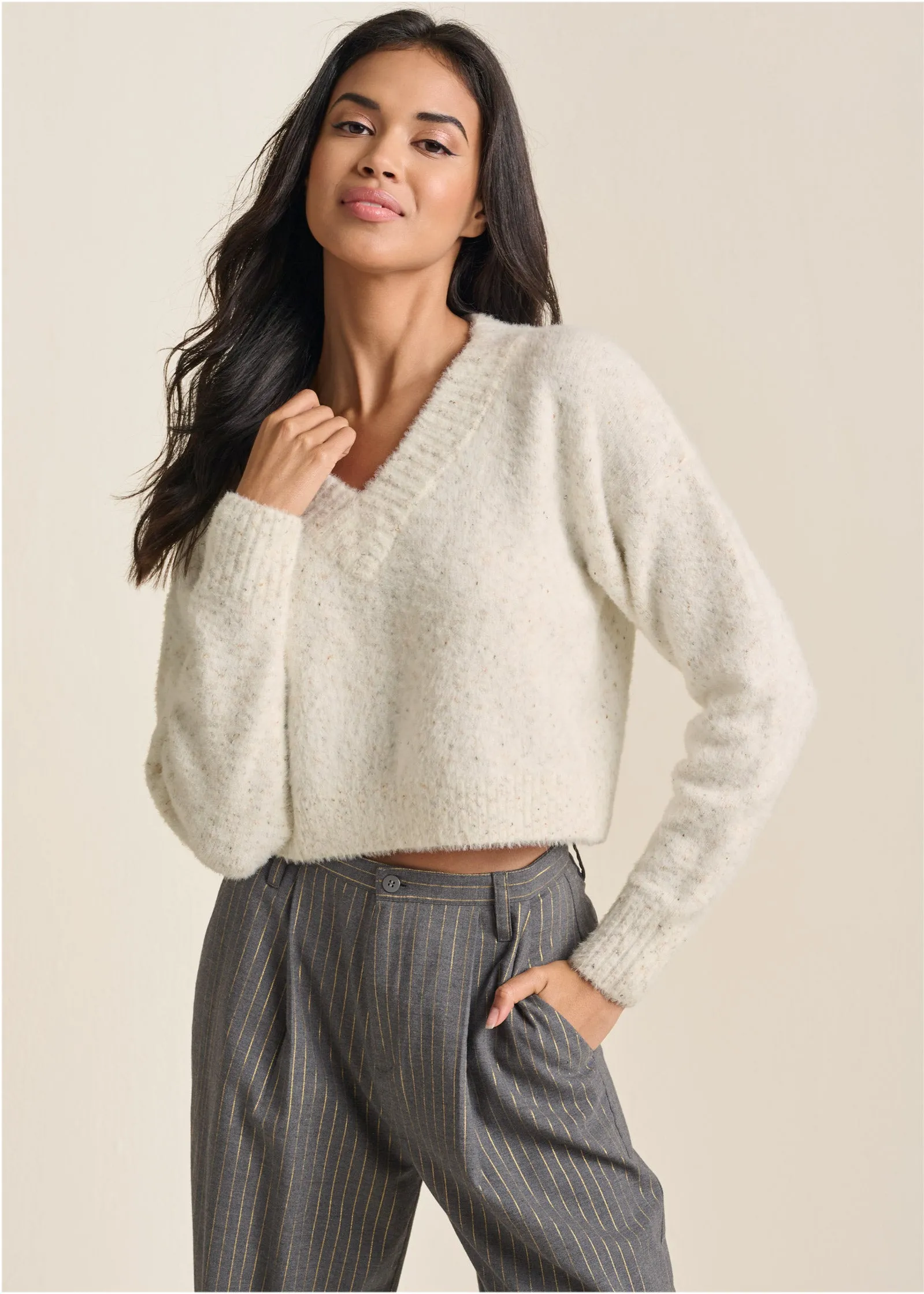 V-Neck Sweater - White Multi