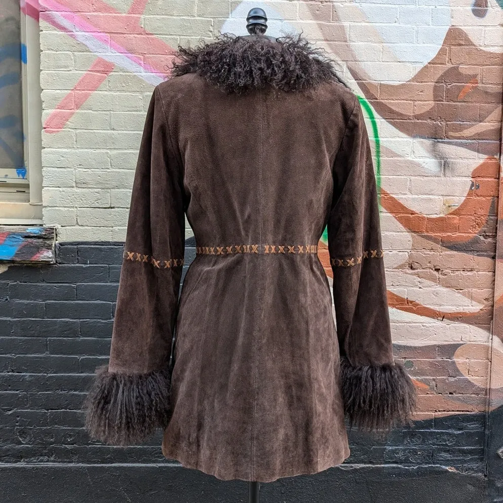 Vintage Brown Suede Penny Lane Jacket Fur Furry Leather Groovy Mod Trench Coat