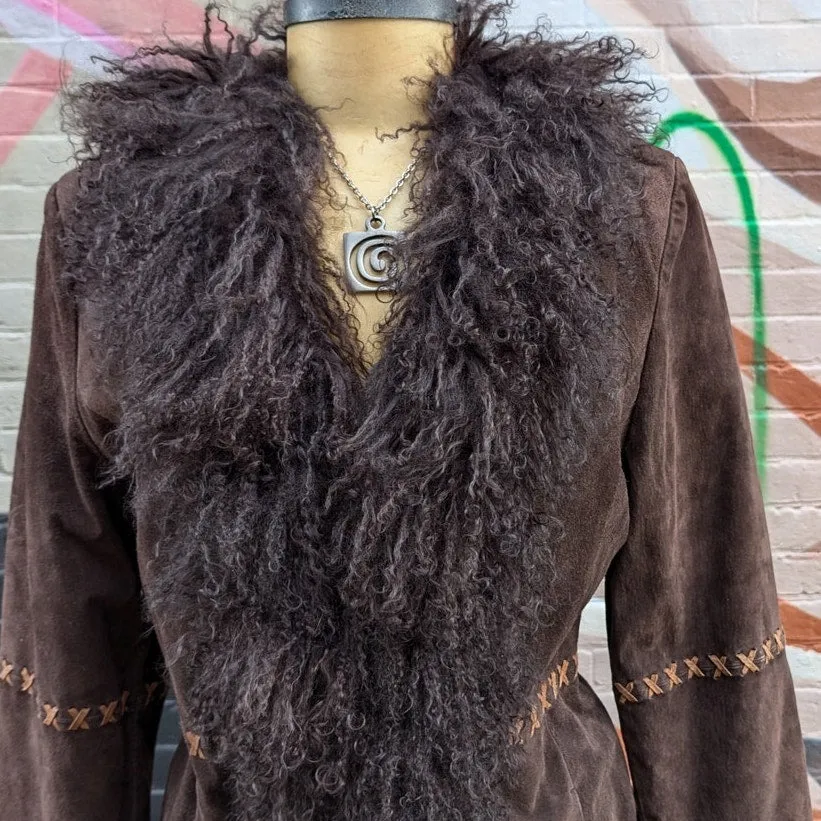 Vintage Brown Suede Penny Lane Jacket Fur Furry Leather Groovy Mod Trench Coat