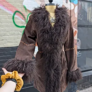 Vintage Brown Suede Penny Lane Jacket Fur Furry Leather Groovy Mod Trench Coat