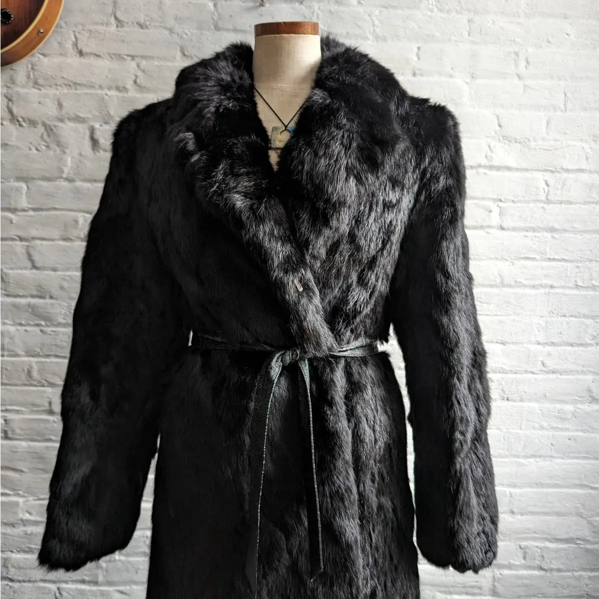 Vintage Penny Lane Groovy Rabbit Fur Jacket Furry Mob Wife Chic Mod Trench Coat