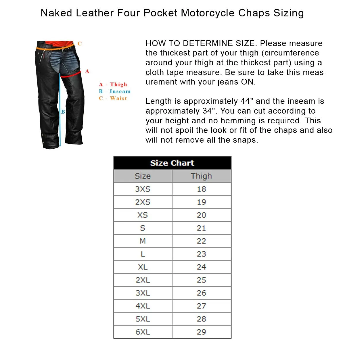 VL811 TG Vance Leather Four Pocket Top Grain Leather Chaps with Removable Liner