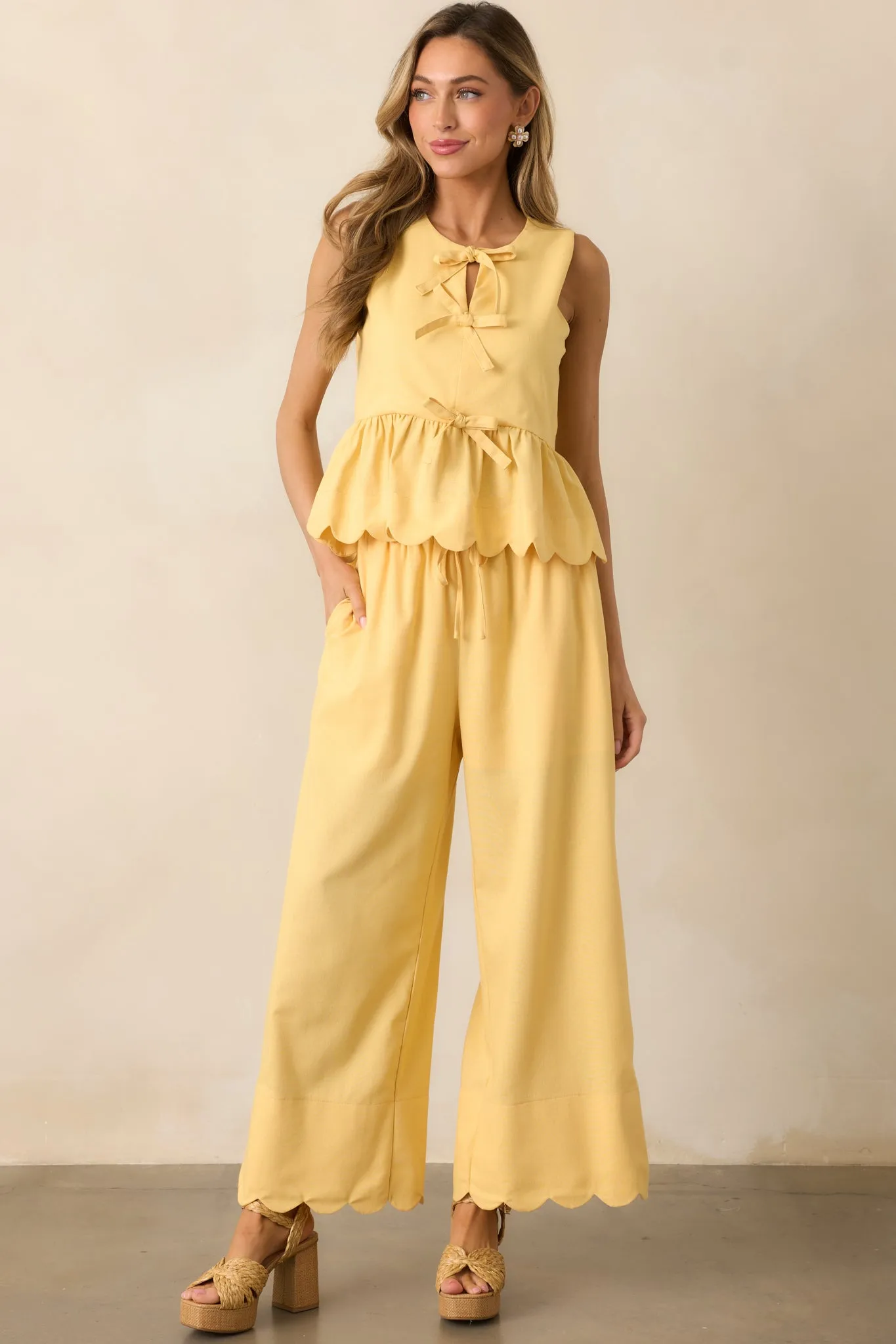 Weekend Getaway Yellow Scalloped Hem Pants