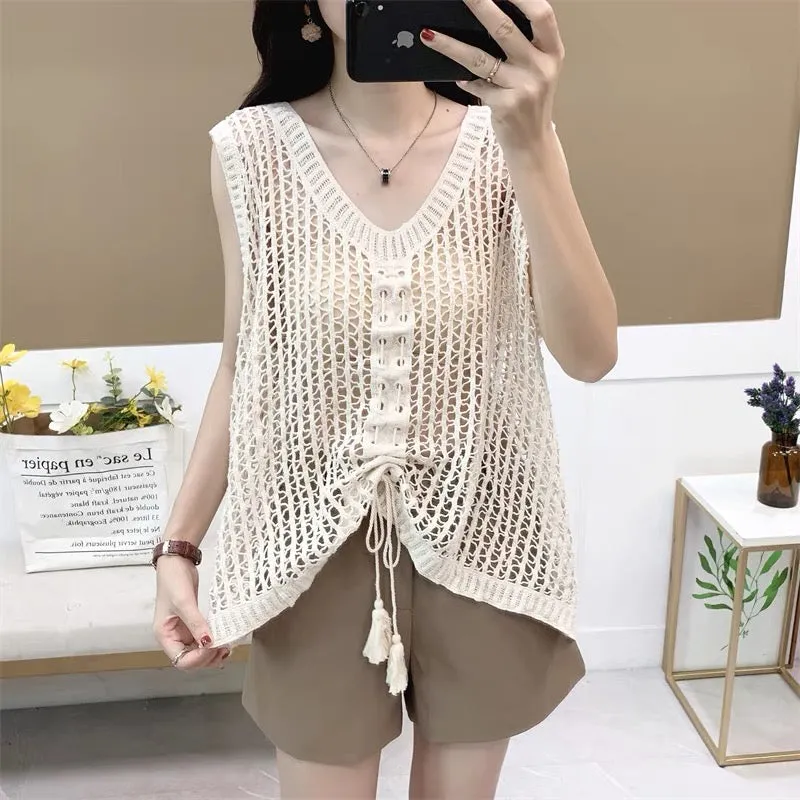 Women Sleeveless Tank Top Crochet Boho Camisole Crop Top Hollow Out Drawstring