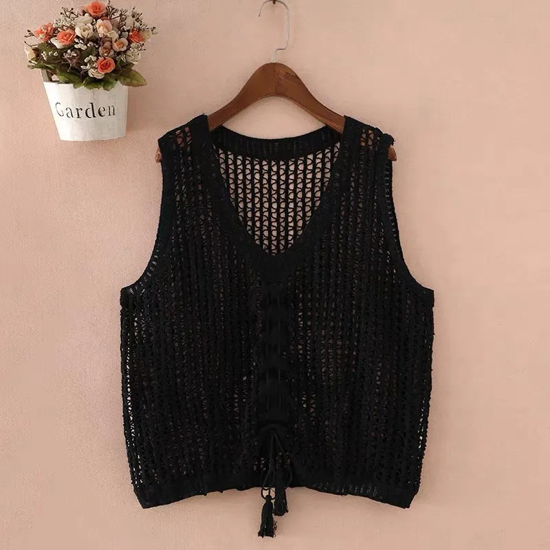 Women Sleeveless Tank Top Crochet Boho Camisole Crop Top Hollow Out Drawstring