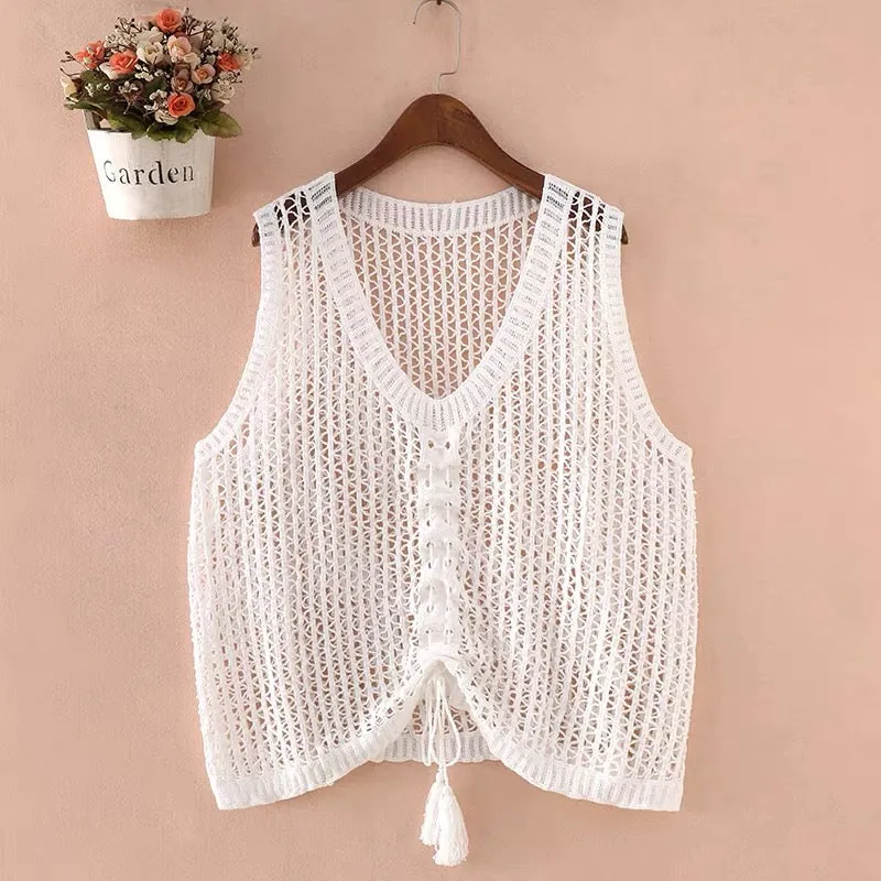 Women Sleeveless Tank Top Crochet Boho Camisole Crop Top Hollow Out Drawstring