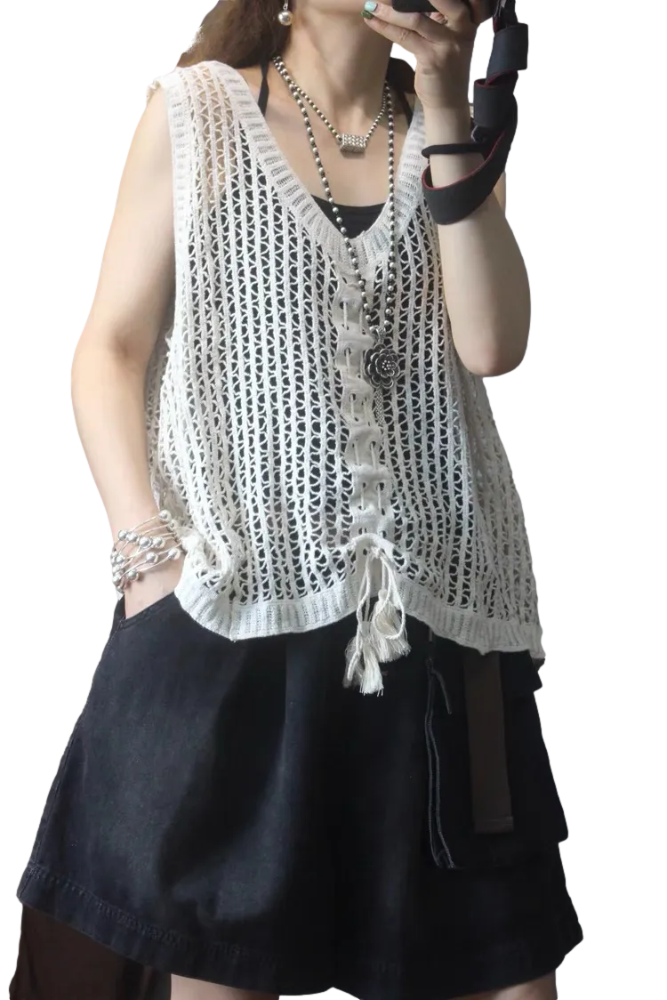 Women Sleeveless Tank Top Crochet Boho Camisole Crop Top Hollow Out Drawstring