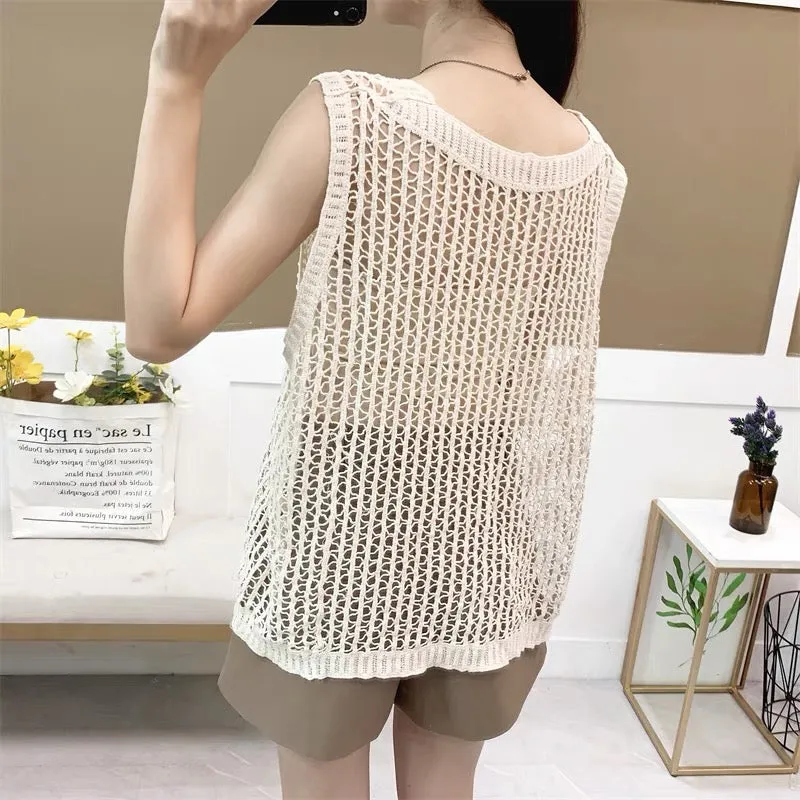 Women Sleeveless Tank Top Crochet Boho Camisole Crop Top Hollow Out Drawstring