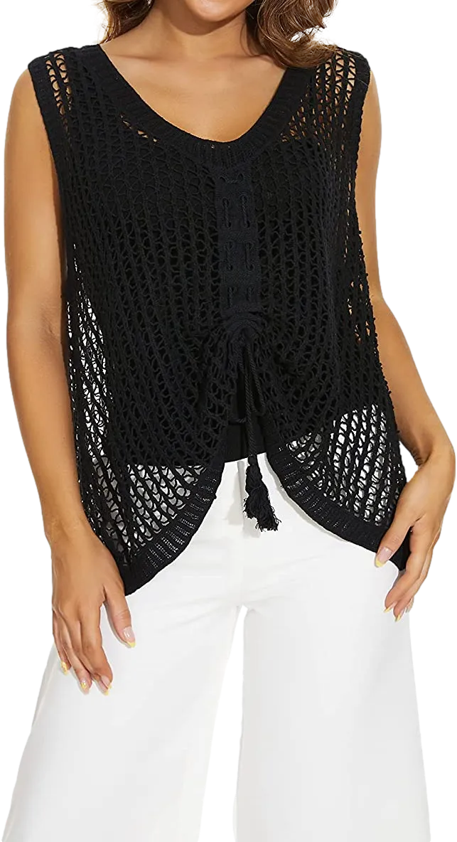 Women Sleeveless Tank Top Crochet Boho Camisole Crop Top Hollow Out Drawstring