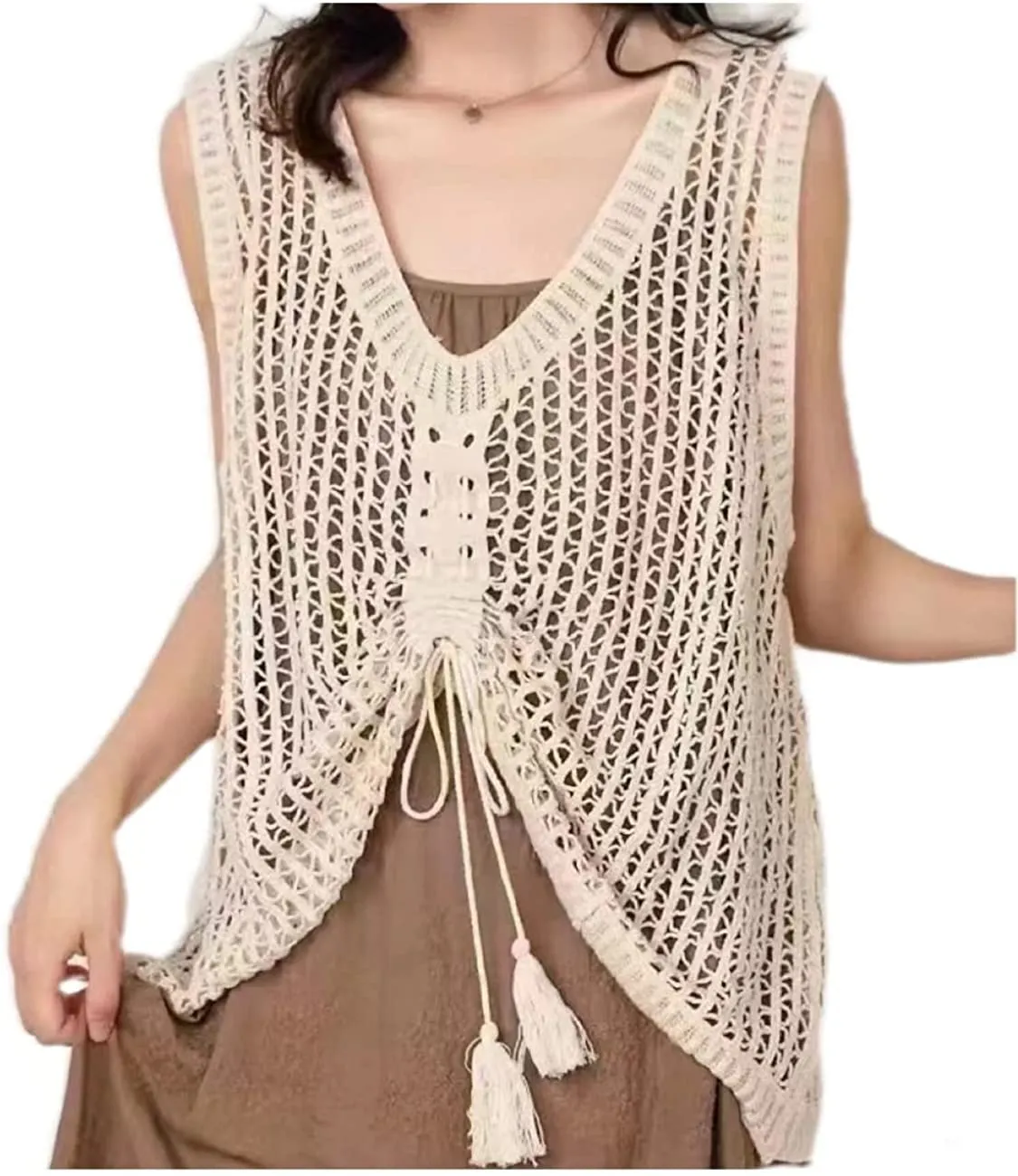 Women Sleeveless Tank Top Crochet Boho Camisole Crop Top Hollow Out Drawstring