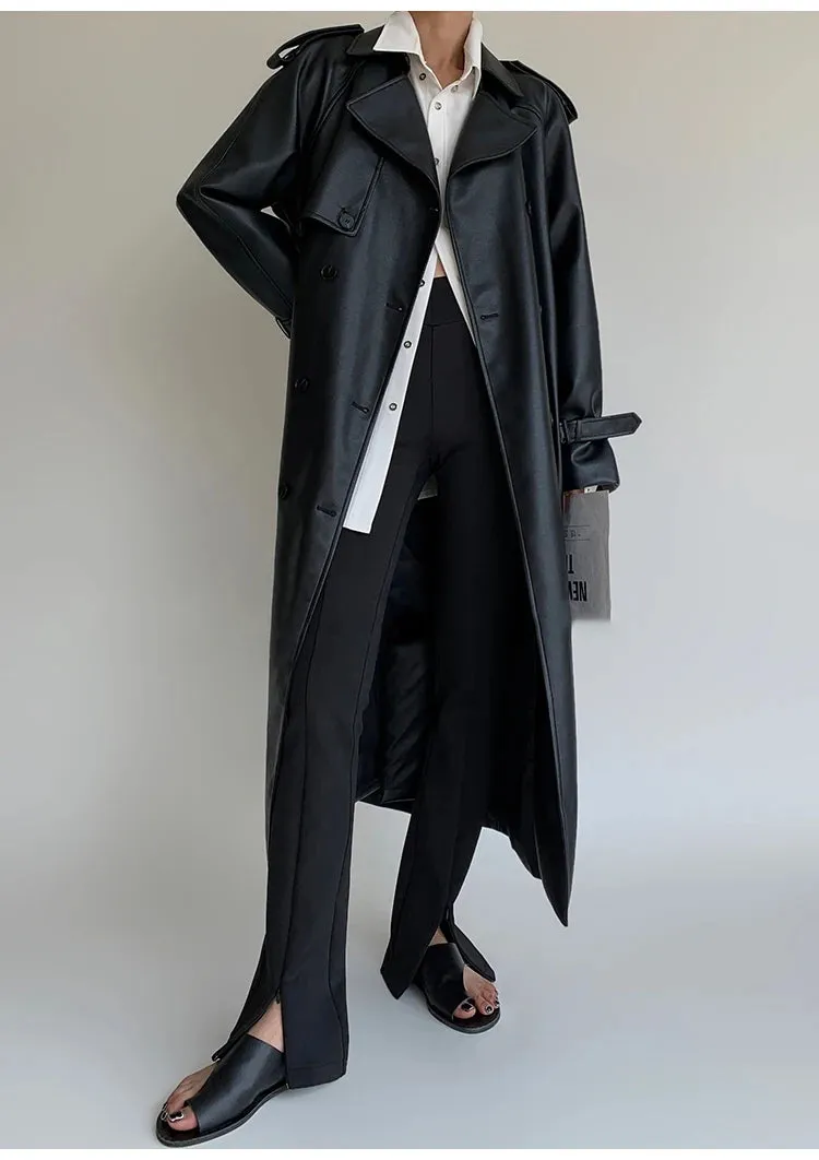 Women's Belted Faux Leather Trench Coat