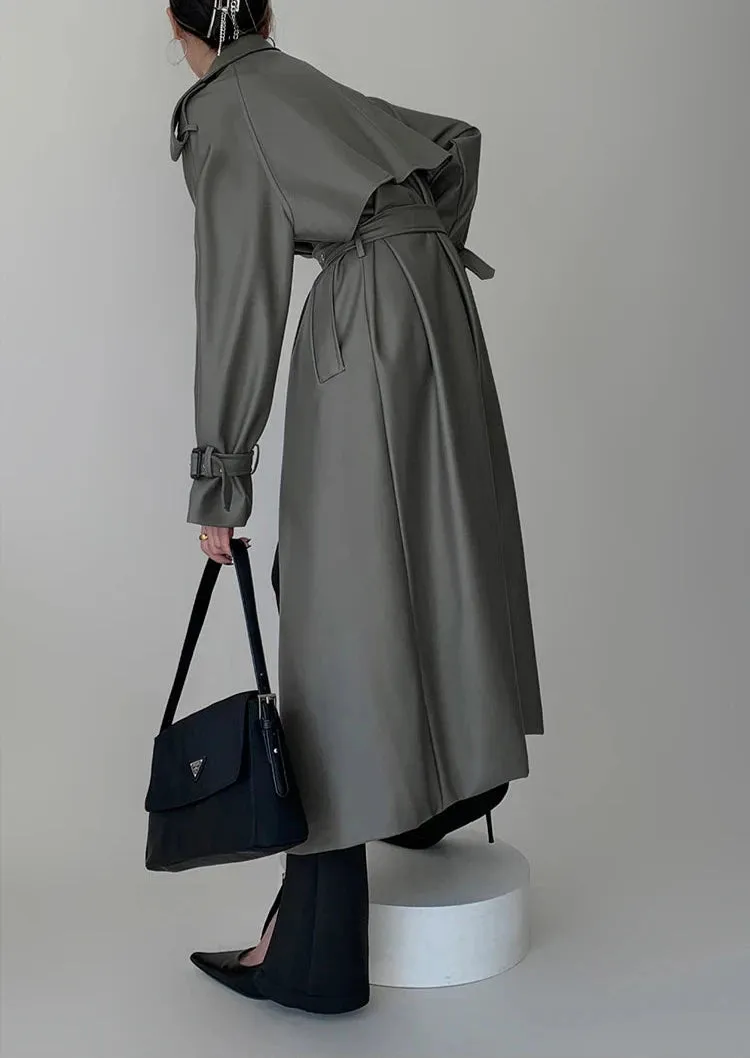 Women's Belted Faux Leather Trench Coat