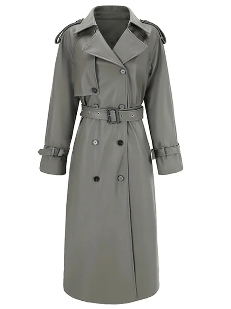 Women's Belted Faux Leather Trench Coat