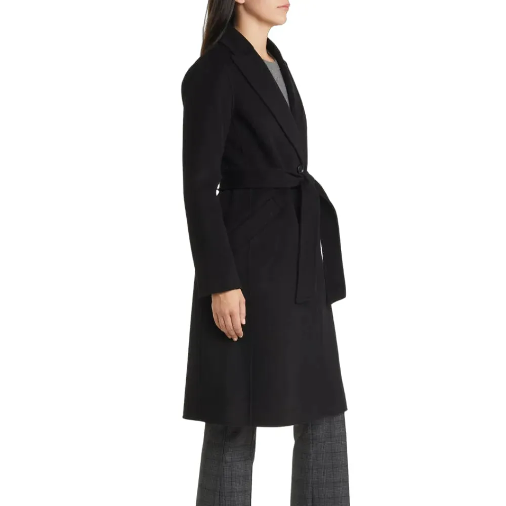 Womens Black Belted Wool Coat