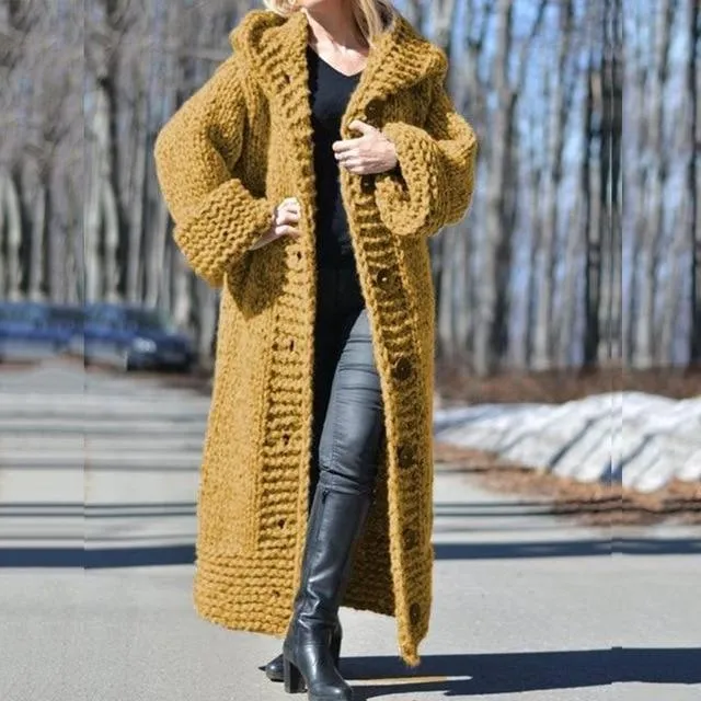 Women's chunky knitted cardigan sweater with button hooded oversized duster cardigan coat