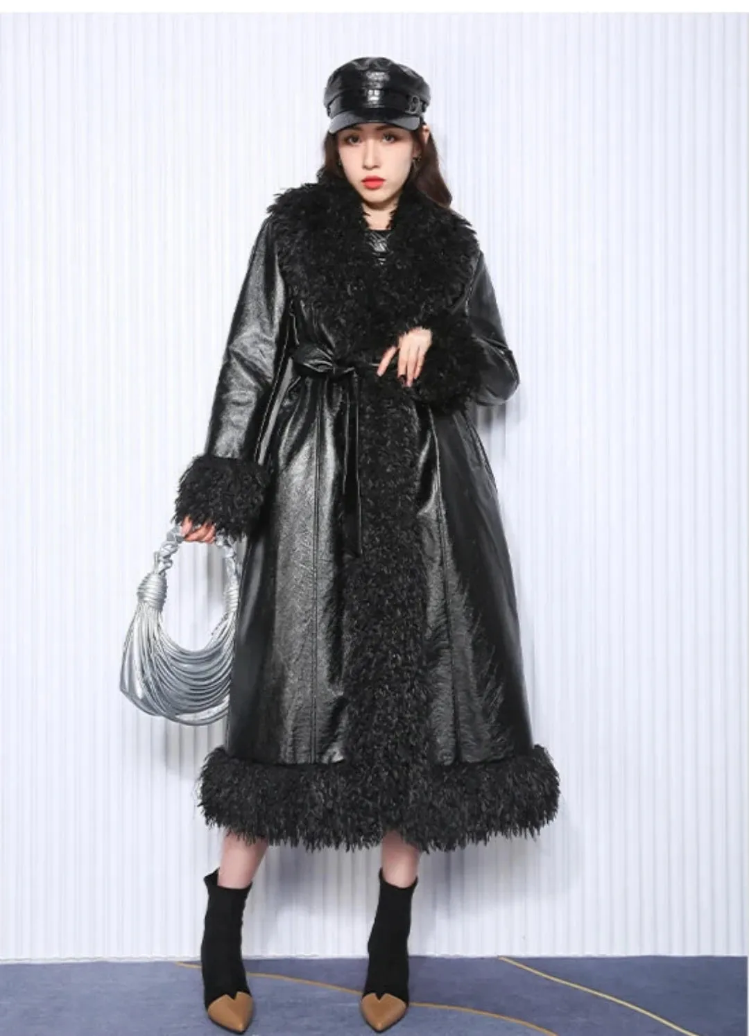 Women's Faux-Fur-Trim Faux-Leather Trench Coat