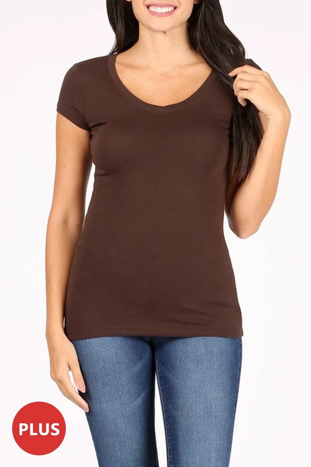 Women's Plus size Solid Basic Short Sleeve V-Neck Top