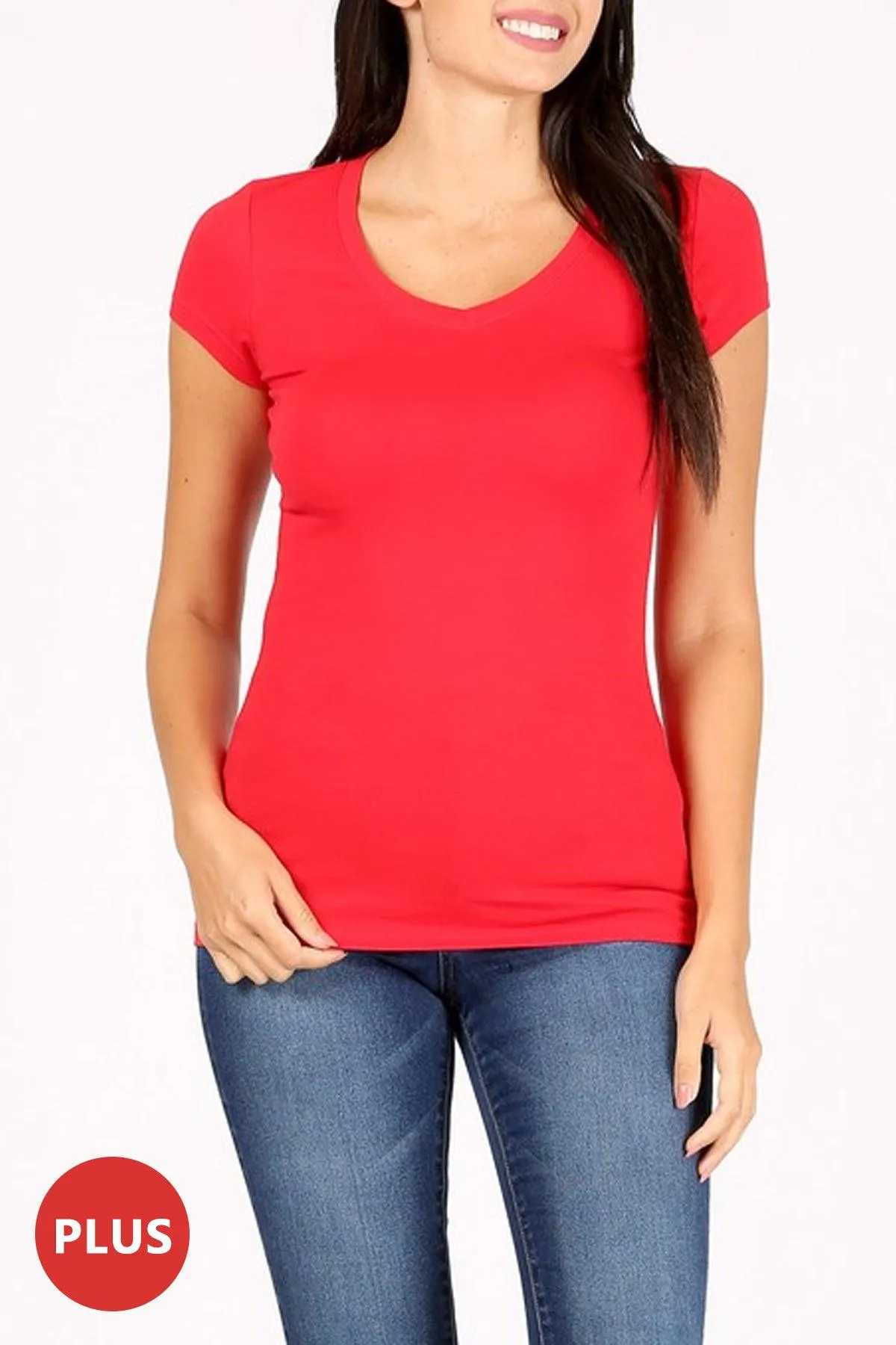 Women's Plus size Solid Basic Short Sleeve V-Neck Top