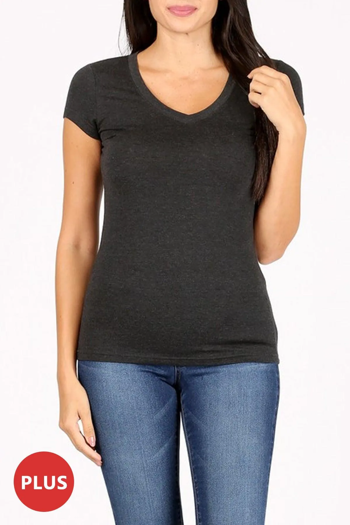 Women's Plus size Solid Basic Short Sleeve V-Neck Top