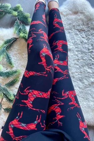 Yoga Waist 5" Plaid Reindeer Print QUEEN SIZE Leggings