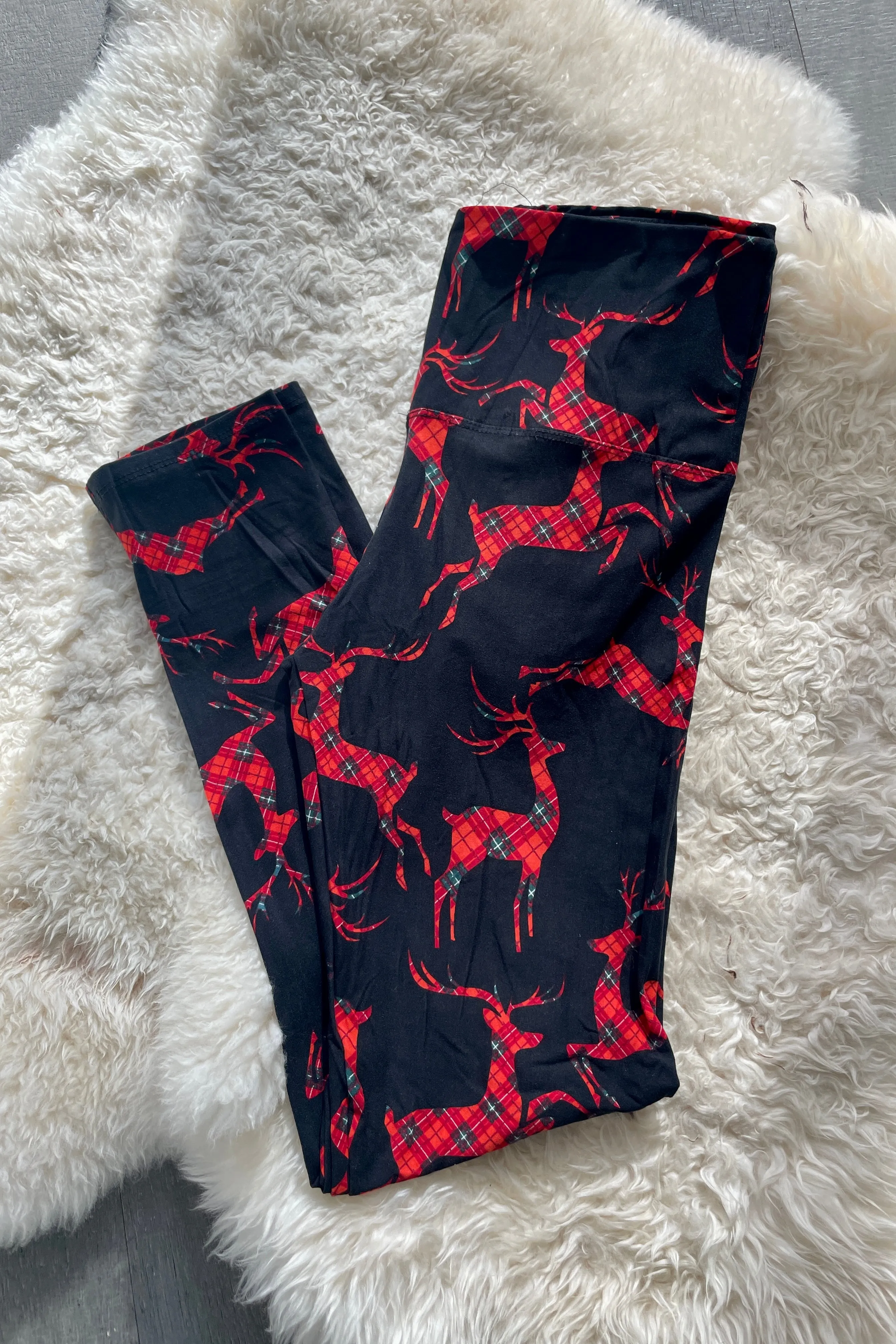 Yoga Waist 5" Plaid Reindeer Print QUEEN SIZE Leggings