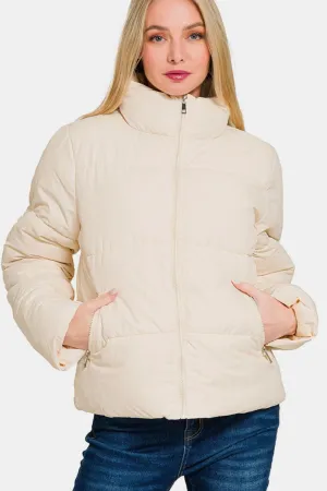 Zenana Zip Up Turtleneck Puffer Jacket with Pockets